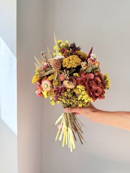 Dried Yellow Flower Bouquet With Deep Red Hydrangea, 3 of 5