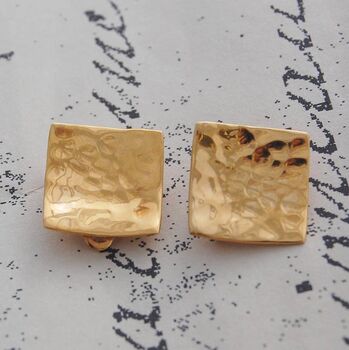 Square Silver Hammered Clip On Earrings, 2 of 3