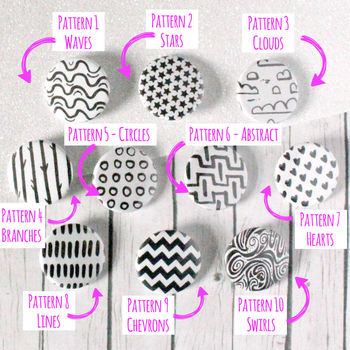 Monochrome Black And White Badge Set, Any Four Patterns, 2 of 5