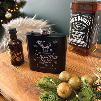 Personalised Christmas Stag Engraved Black Metal Hip Flask 6oz, 2 of 7