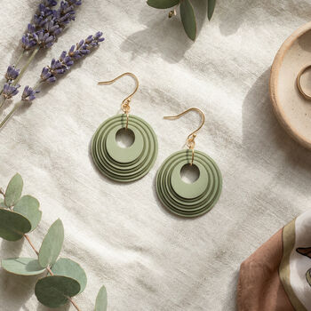 Green And Khaki Geometric Circular Earrings • Gold Plated Sterling Silver Hooks, 3 of 12