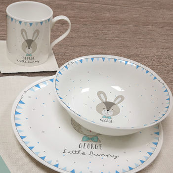 Blue Mr Bunny Personalised Childrens Breakfast Set, 4 of 4