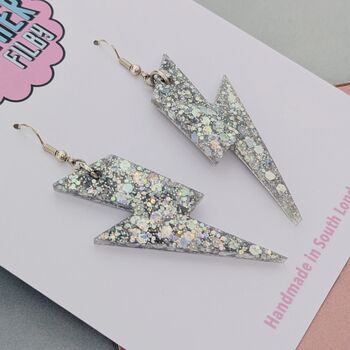 Silver Glitter Lightning Bolt Earrings Small And Large, 2 of 10