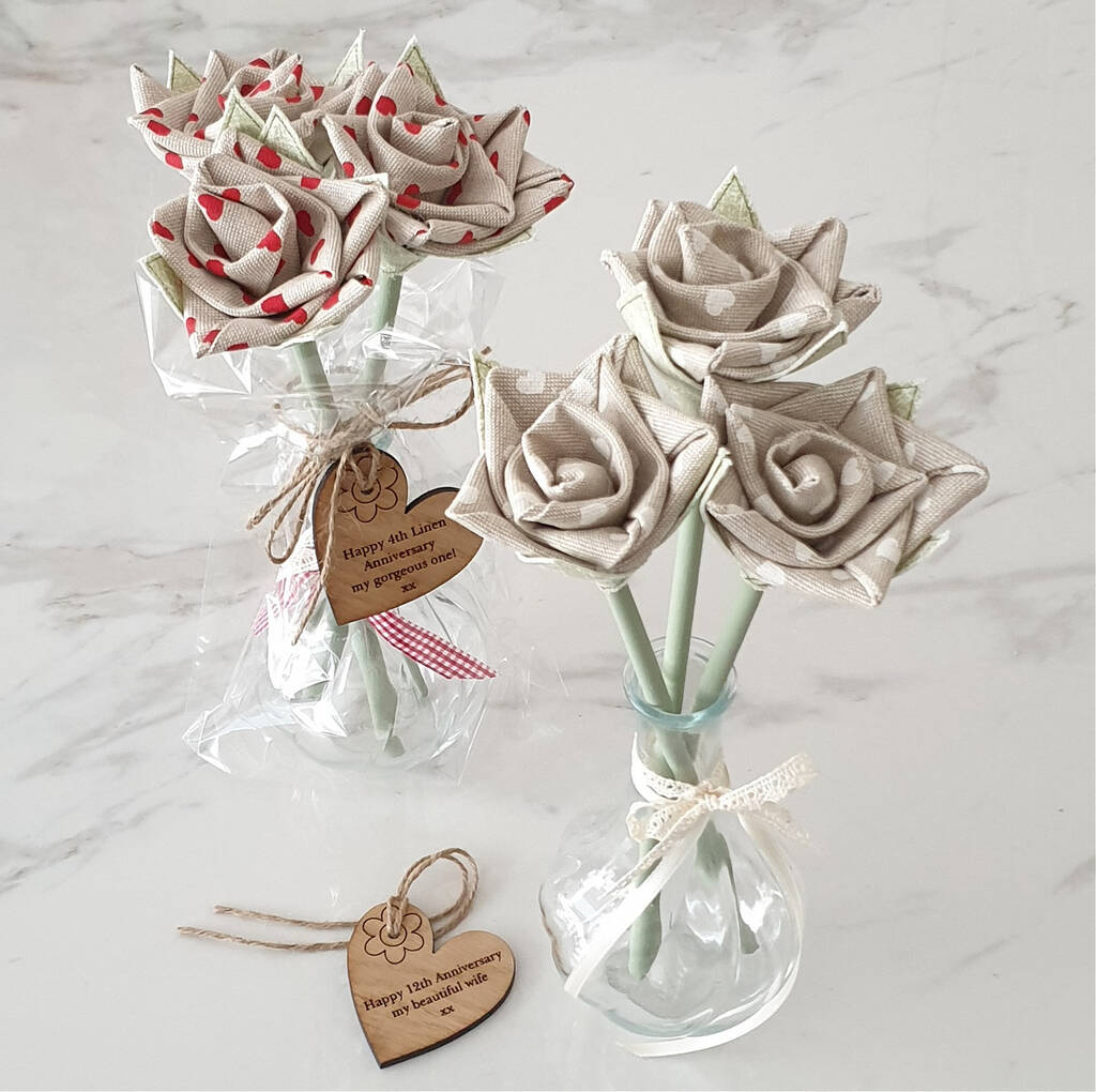 Personalised 4th,12th Anniversary Linen Roses With Vase, 1 of 3