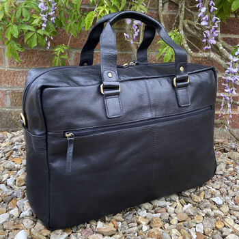 Black Premium Leather Travel Tote, Flight Bag, Gym Bag, 4 of 8