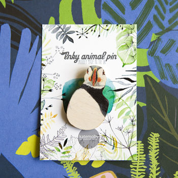 Inky Puffin Eco Wooden Pin Brooch, 3 of 7