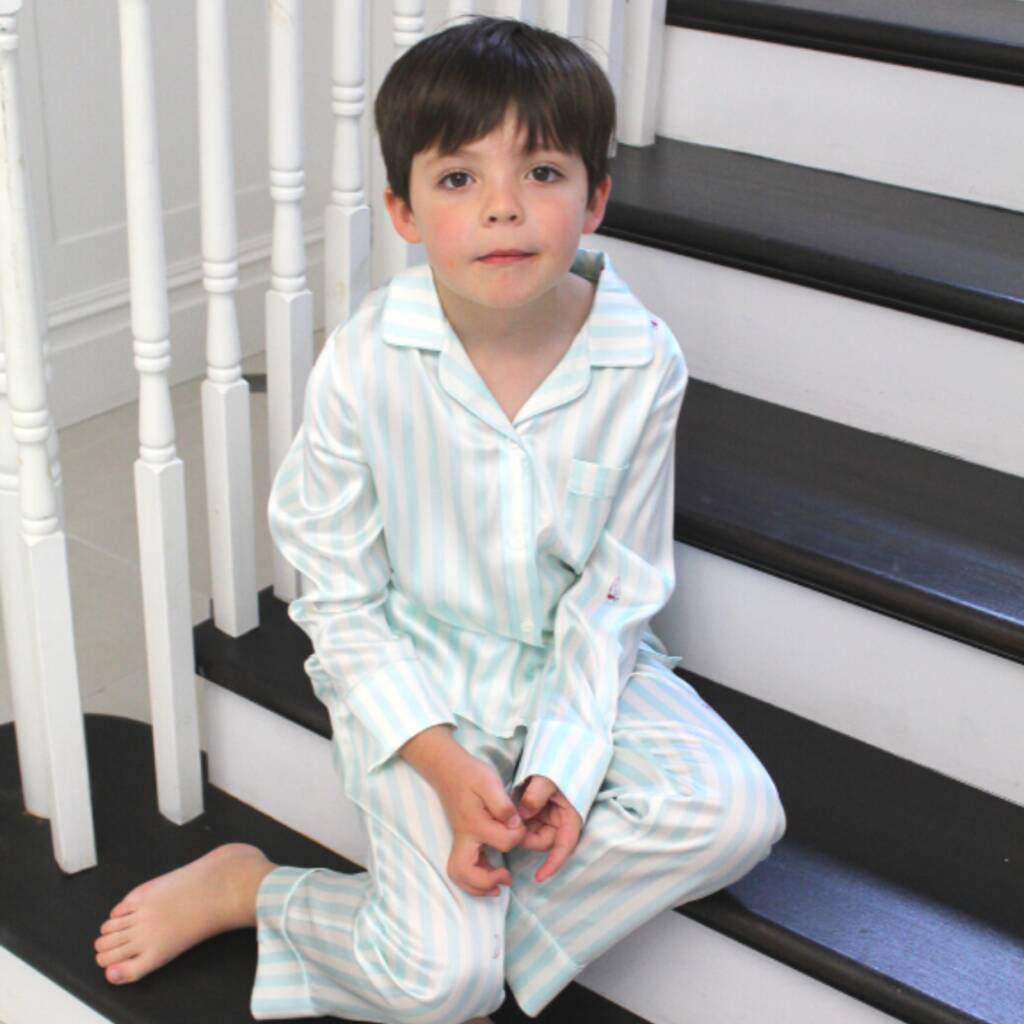 Glacier Stripe Teddy Silk Children's Pyjama Set, 1 of 9