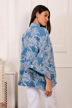Ivory Embroidered Japanese Pine Needles Blue Short Fully Lined Kimono, 4 of 7