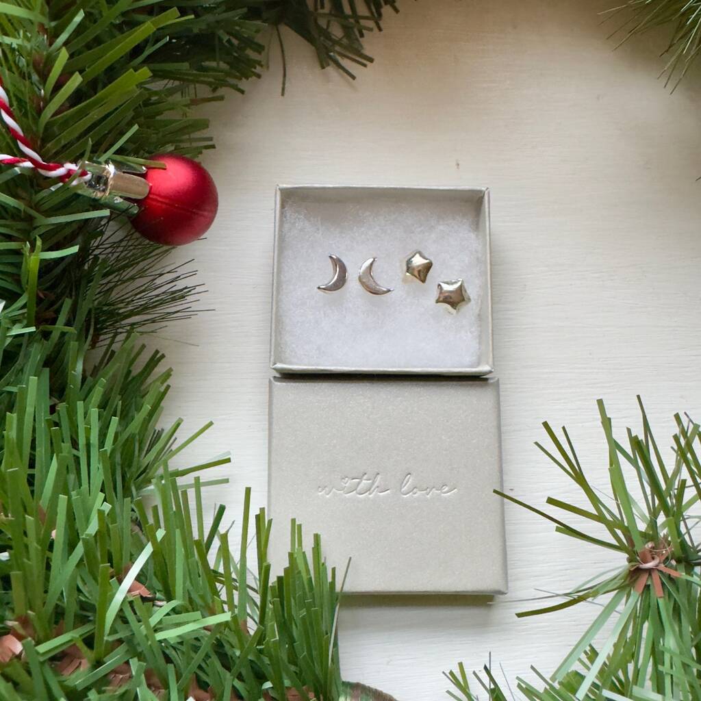 Star And Moon Sterling Silver Studs Two Pairs, 1 of 5