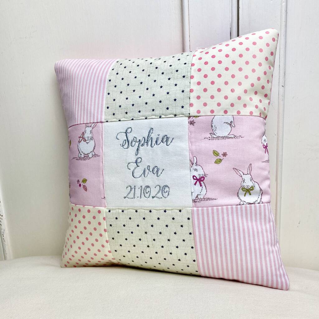Personalised Pink And Grey Bunny Name Cushion By Tuppenny House Designs