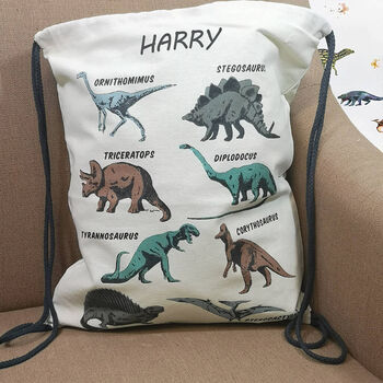 Personalised Dinosaur School Drawstring Backpack, 2 of 2