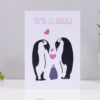 It's A Girl Penguin Announcement Card, 2 of 2