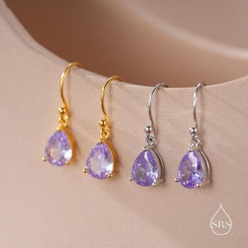 Sterling Silver Amethyst Purple Pear Cut Cz Drop Earrings, 3 of 11
