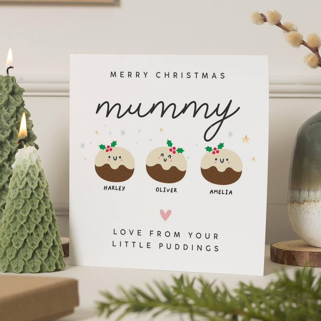 Personalised Mummy Christmas Pudding Card From Kids, 1 of 7