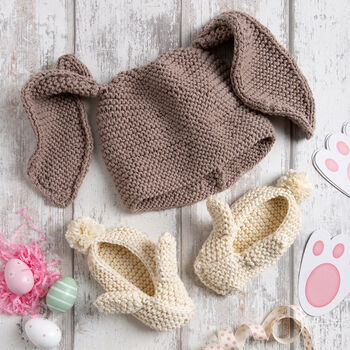 Baby Bunny Ear Hat And Slippers Easy Knitting Kit, 4 of 5