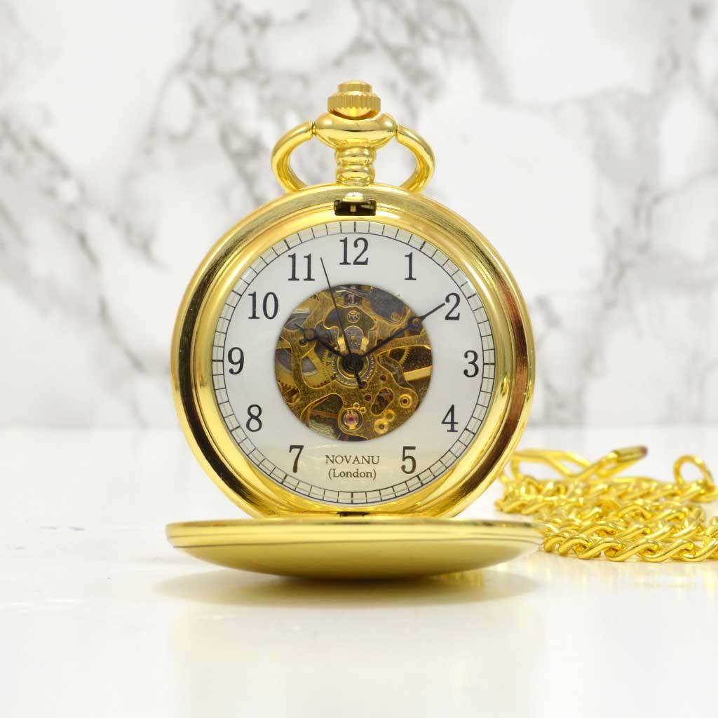 personalised skeleton pocket watch gold by