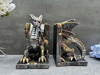 Pair Of Steampunk Dragon Bookends – Silver And Gold Retro, 3 of 12