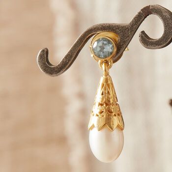 Blue Topaz And Pearl Stud Drop Earrings, 18k Gold Vermeil, 2 of 7
