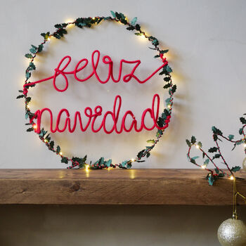 Feliz Navidad Holly Fairy Light Wreath, 2 of 6