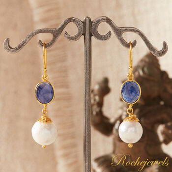 Blue Sapphire And Pearl Gold And Silver Drop Earrings, 8 of 10