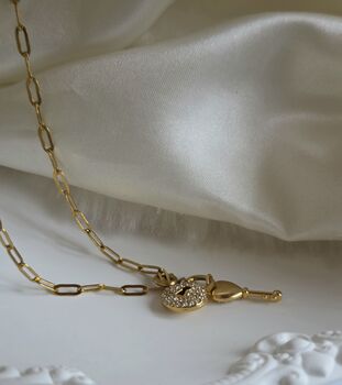 Detachable Cz Lock And Key Charm 18k Gold Pvd Plated Paperclip Dainty Necklace I, 7 of 10
