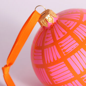 Christmas Lines Glass Bauble Orange On Pink, 8cm, 2 of 2