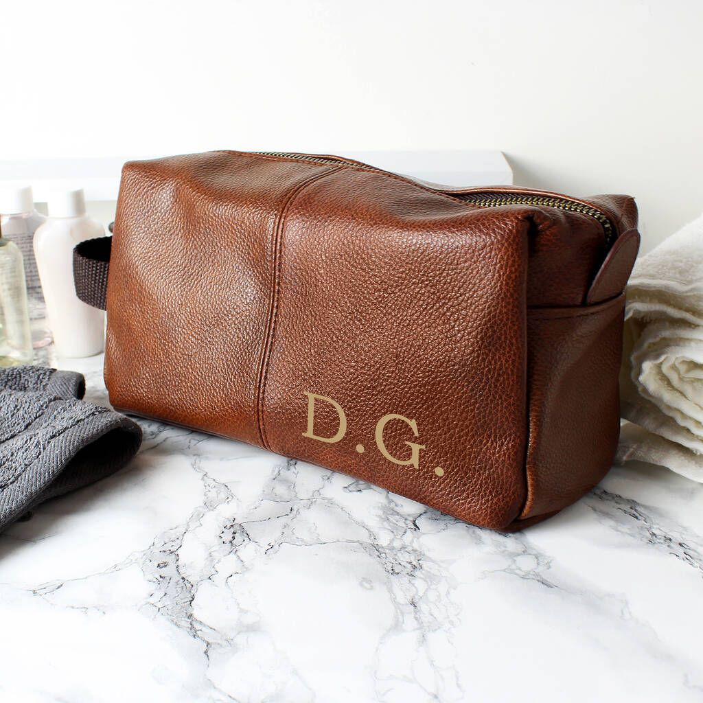 Personalised Luxury Initials Brown Leatherette Wash Bag By Rocket and