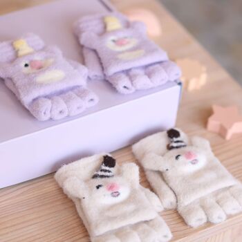 Cute Kids’ Convertible Gloves With Bear Mitten Caps – Soft Fleece Winter Gloves, 2 of 7