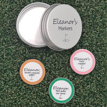 Set Of Three Personalised Golf Ball Markers In A Personalised Tin, 6 of 7