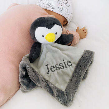 Personalised Penguin Baby Comforter Rattle, 2 of 9