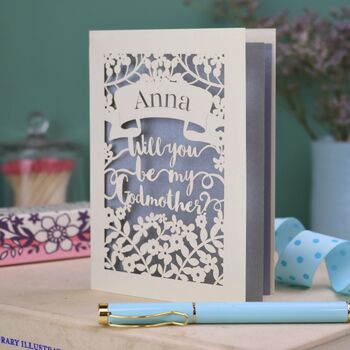 Personalised Papercut 'Be my Godmother?' Card, 6 of 6