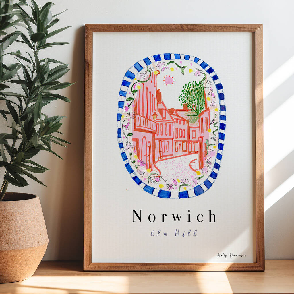 Elm Hill Norwich, Norfolk Scene Art Print Patterned Landscapes: Heritage Pink Edition, 1 of 2