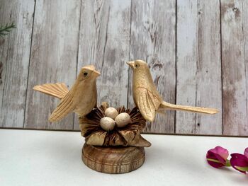 Wooden Bird Ornament Love Birds On Nest With Mushroom, 5 of 9