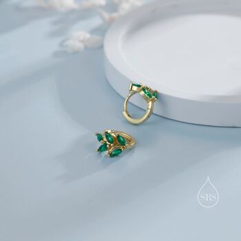 Sterling Silver Green Cz Leaf Huggie Hoop Earrings, 3 of 12