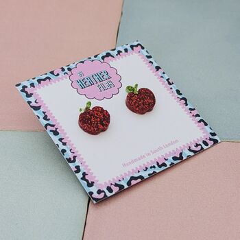 Red Glitter Apple Stud Earrings / Gift For Teacher / Fruit Studs / Snow White Fairytale Jewellery, 2 of 4