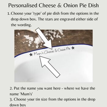 Personalised Cheese And Onion Enamel Pie Dish, 3 of 7