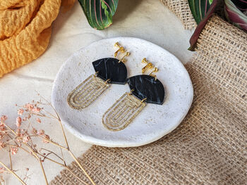 Clip On Portoro Back Marble Brass Art Deco Acrylic Fan Drop Earrings, 2 of 5