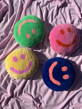 Handmade Tufted Hot Pink And Orange Smiley Face Cushion, 4 of 4