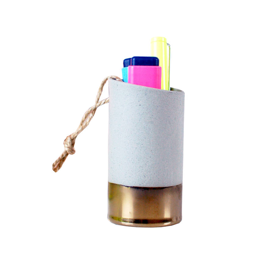 concrete gold brass hanging pen holder desk tidy by made with love