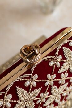 Lana – Deep Red Velvet Embroidered Clutch, 2 of 4