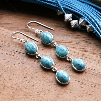 Sterling Silver Triple Turquoise Dangly Oval Earrings, 3 of 4