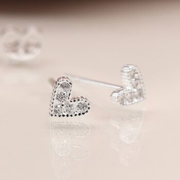 Sterling Silver Cubic Zirconia Heart Stud Earrings, 2 of 8