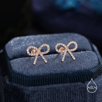 Sterling Silver Cz Ribbon Bow Stud Earrings, 2 of 12