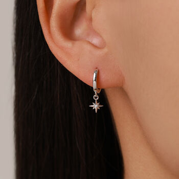 Tiny Cz Starburst Huggie Hoop Earrings In Sterling Silver, 2 of 10