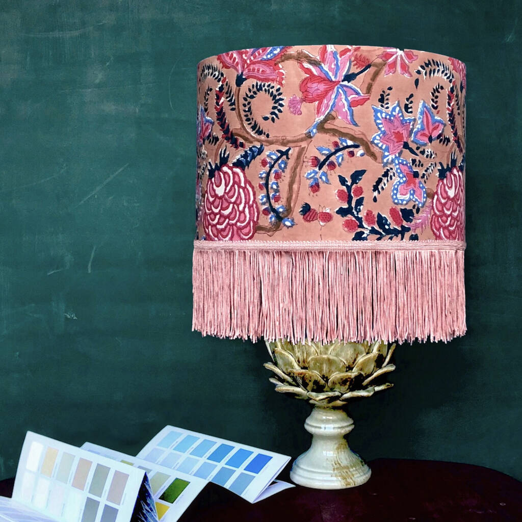 Dusky Pink Indian Block Print Lampshade With Fringe, 1 of 5