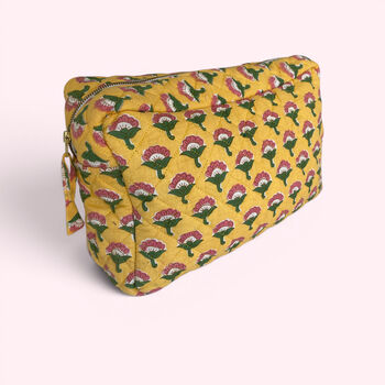 Xl Toiletry Bag | Quilted Cotton Large Wash Bag | Yellow Flower Block Print, 2 of 4