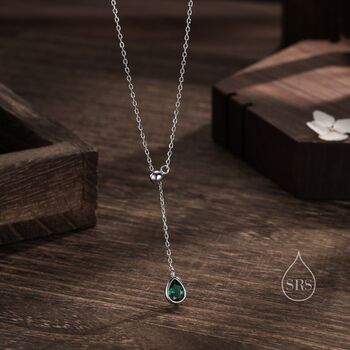 Emerald Green Cz Droplet Lariat Pendant Necklace, 6 of 10