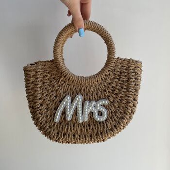 Mrs Pearl Straw Half Moon Semi Circle Basket Drawstring Bag, 3 of 3
