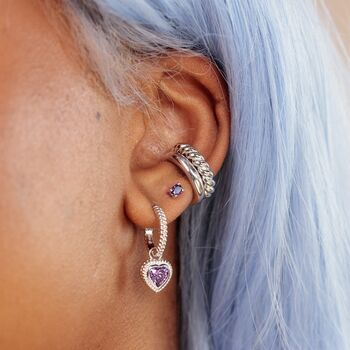 Violet Heart Twist Charm Hoop Earrings, 6 of 8