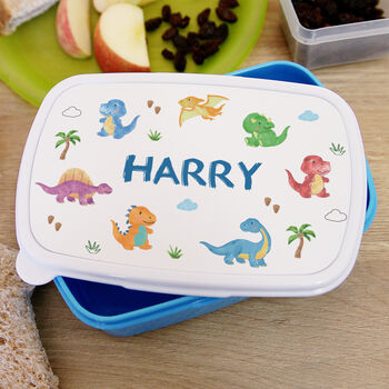 Personalised Dino Name Blue Lunch Box For Kids, 2 of 2